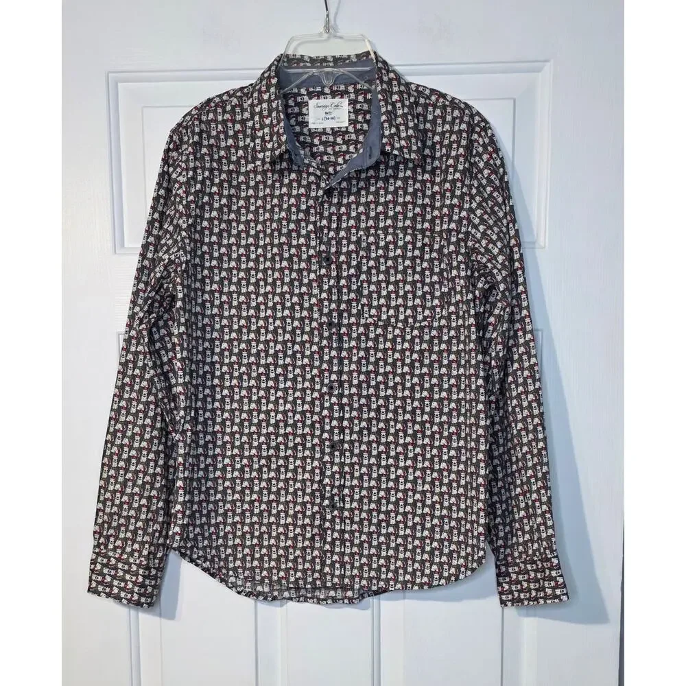 Sovereign Code Boys L 14/16 Christmas Dogs Santa Hat Button‎ Long Sleeve Shirt